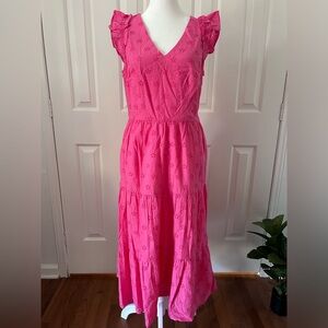 J.Crew Cotton Eyelet Midi Dress Pink Ruffle Sleeve V Neck Pockets | Size 2 NWOT